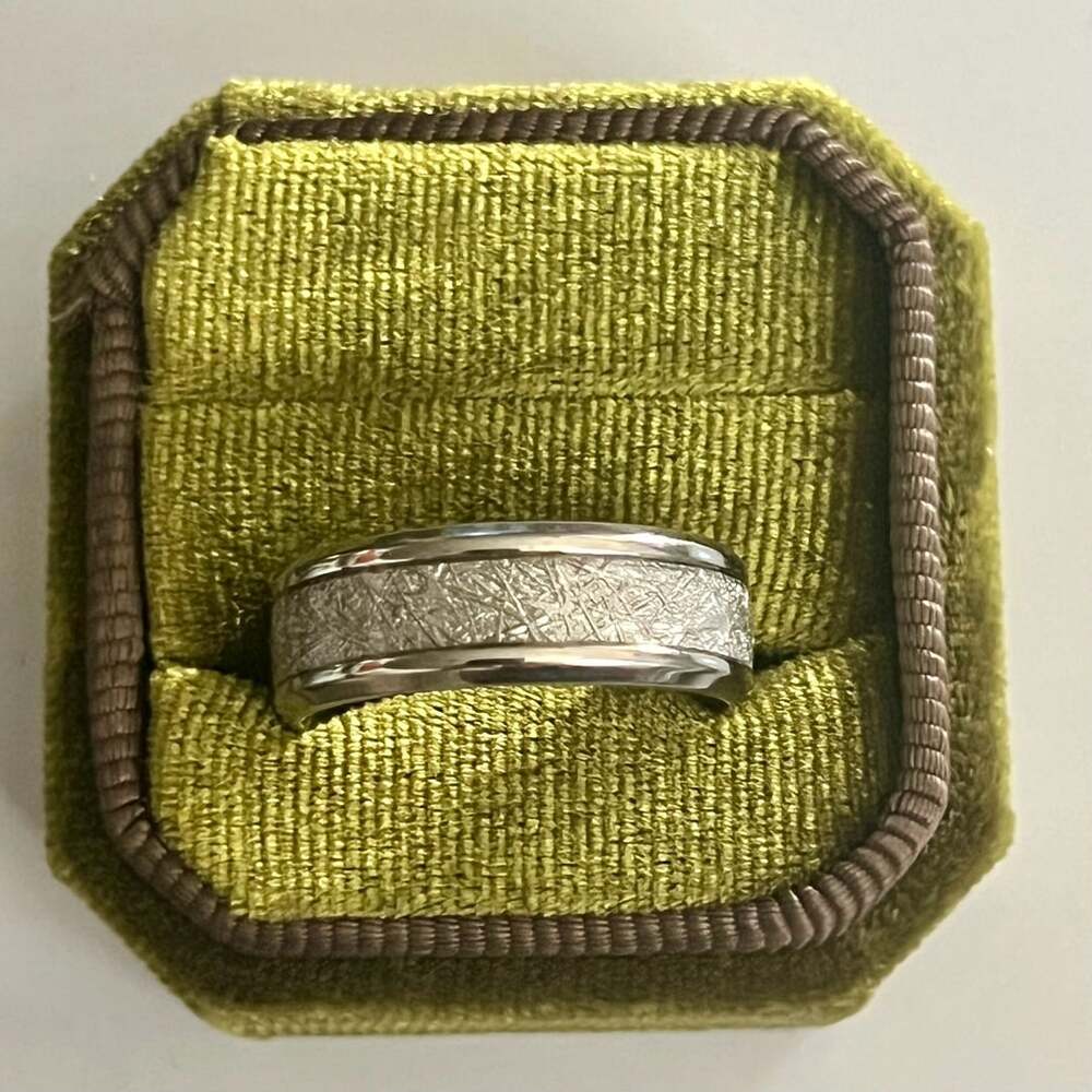 Meteorite Inlay Titanium Steel Silver 8mm Band Size 10